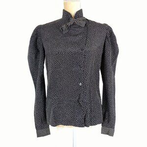 Black Satin Polka Dot Puff Sleeve Button Front Top S Vintage Dark Academia Goth